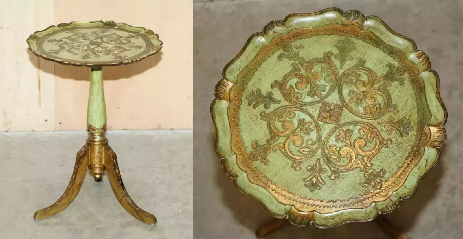 Vintage French Circa 1950's Hand Painted & Gilt Tripod Side End Lamp Wine Table