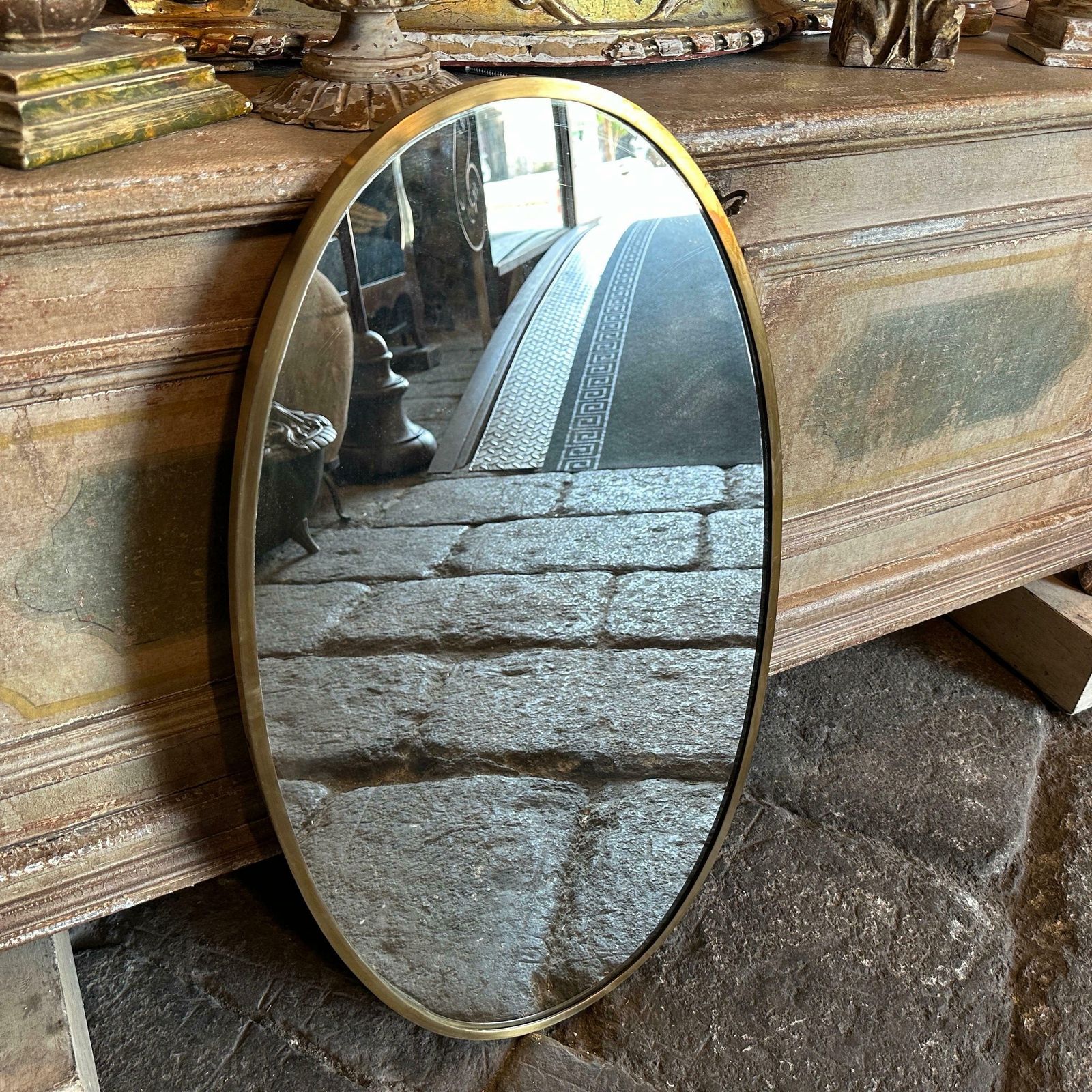 1950s Gio Ponti Style Mid Century Modern Brass Italian Oval Wall Mirror photo furniture