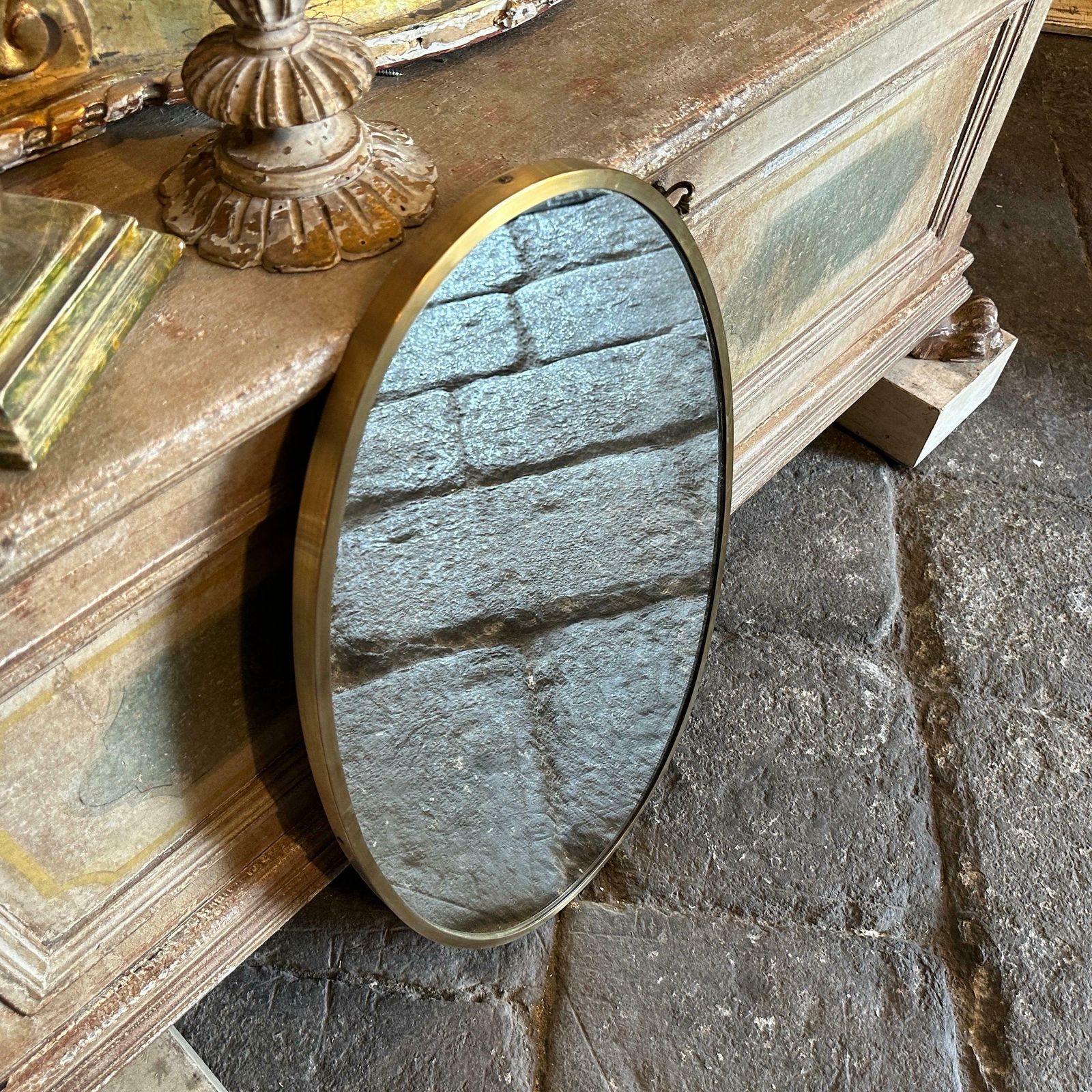 1950s Gio Ponti Style Mid Century Modern Brass Italian Oval Wall Mirror photo buy