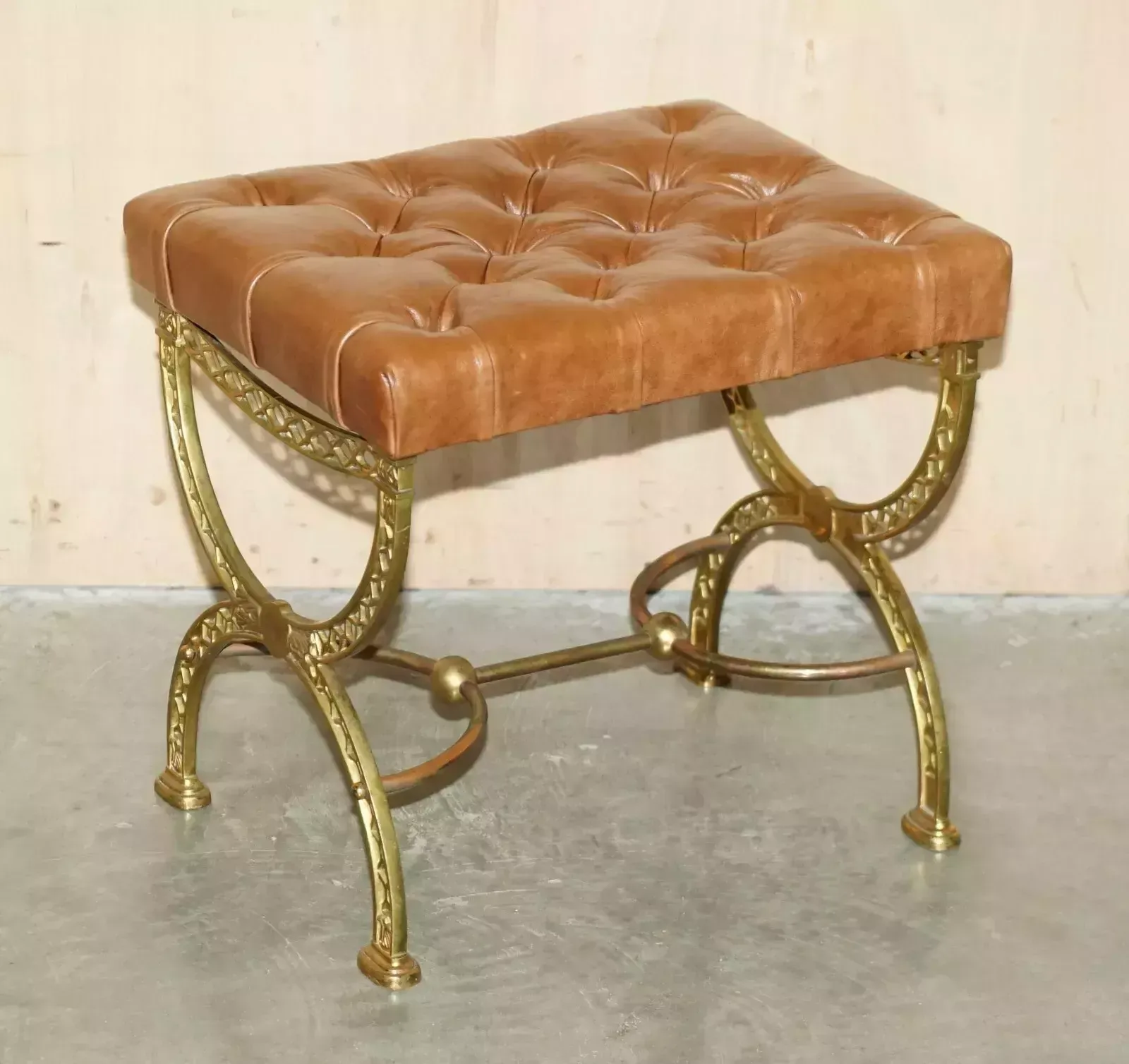 Fine Antique Victorian Brass Show Frame Chesterfield Brown Leather Footstool photo furniture