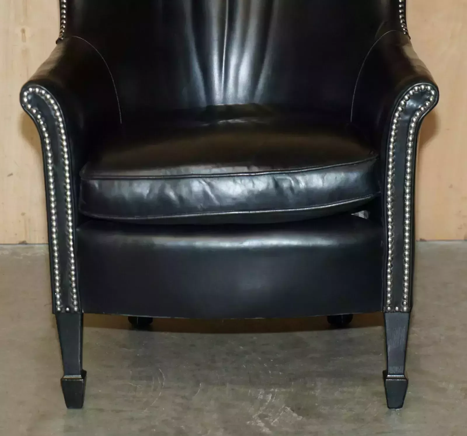 photo furniture Pair Of Vintage Black Leather Tub Club Armchairs With Hand Studded Upholstery