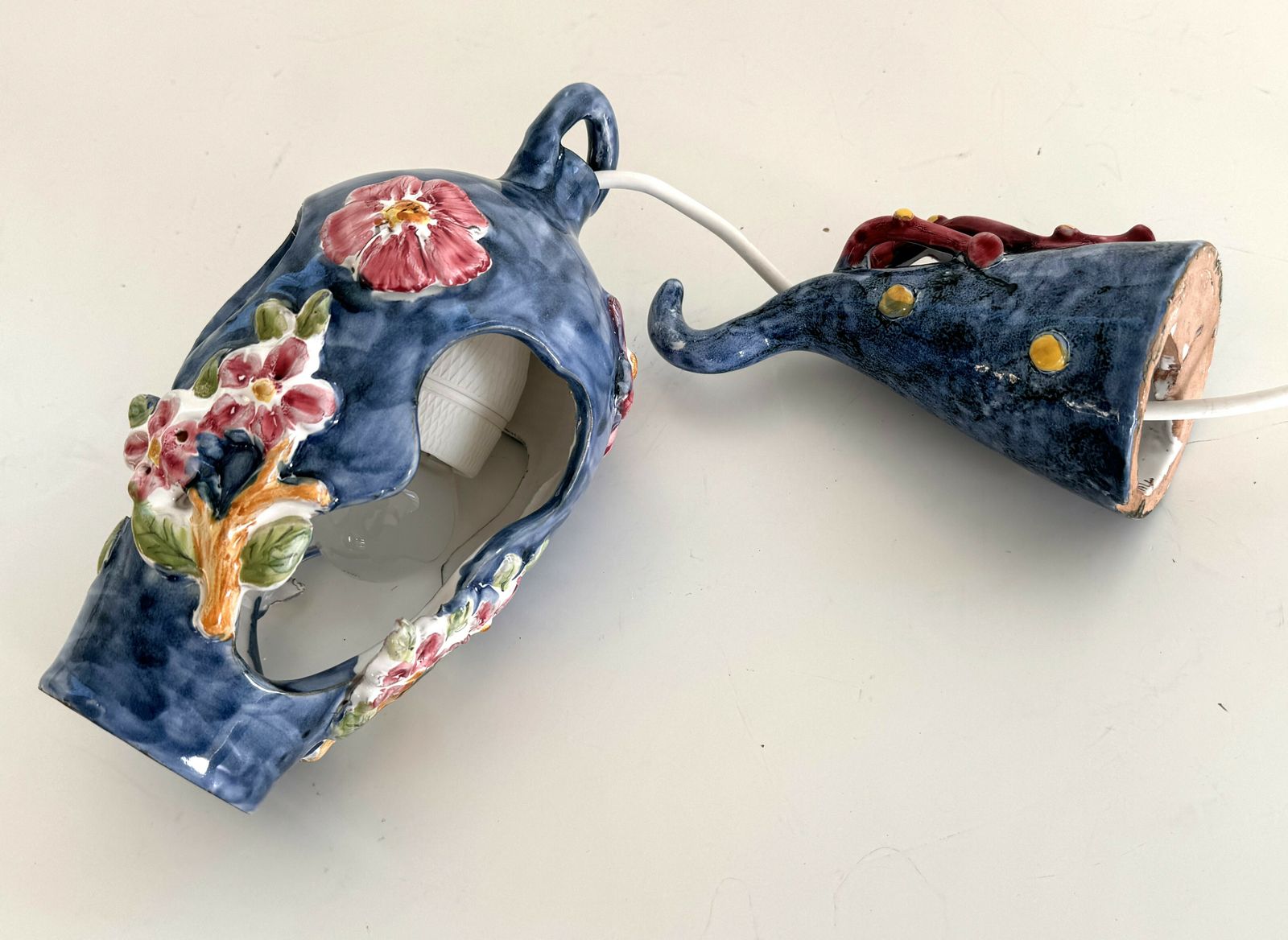 1950's Flower And Coral Maiolica Illuminated Lantern By Vietri Italy photo for sale