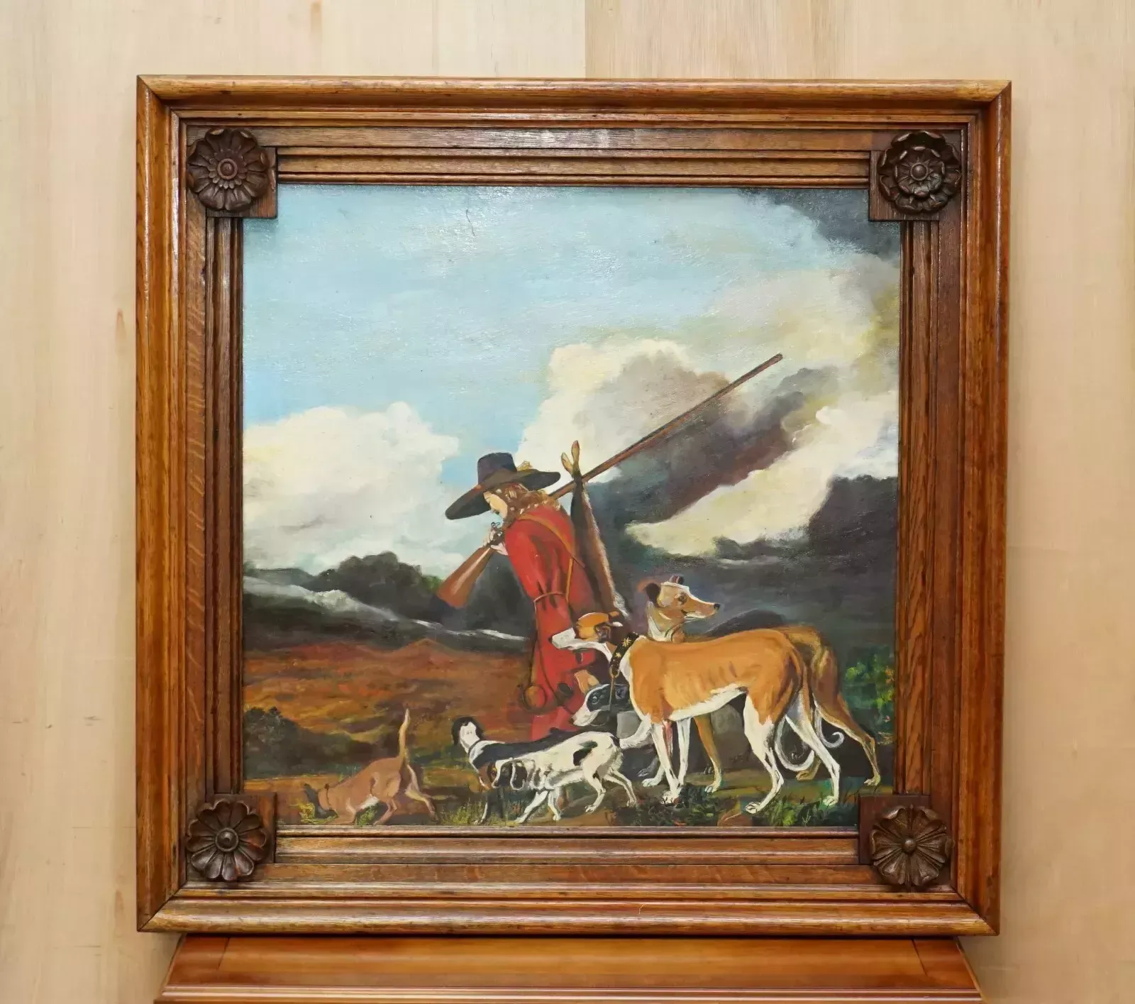 Pair Of Large Antique Original Swedish Oil On Board Paintings Chunky Oak Frames photo furniture