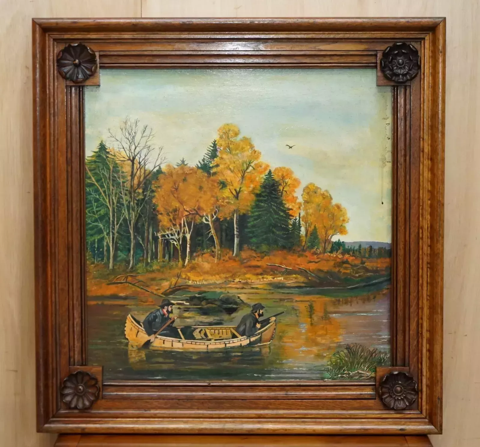 photo vintage Pair Of Large Antique Original Swedish Oil On Board Paintings Chunky Oak Frames