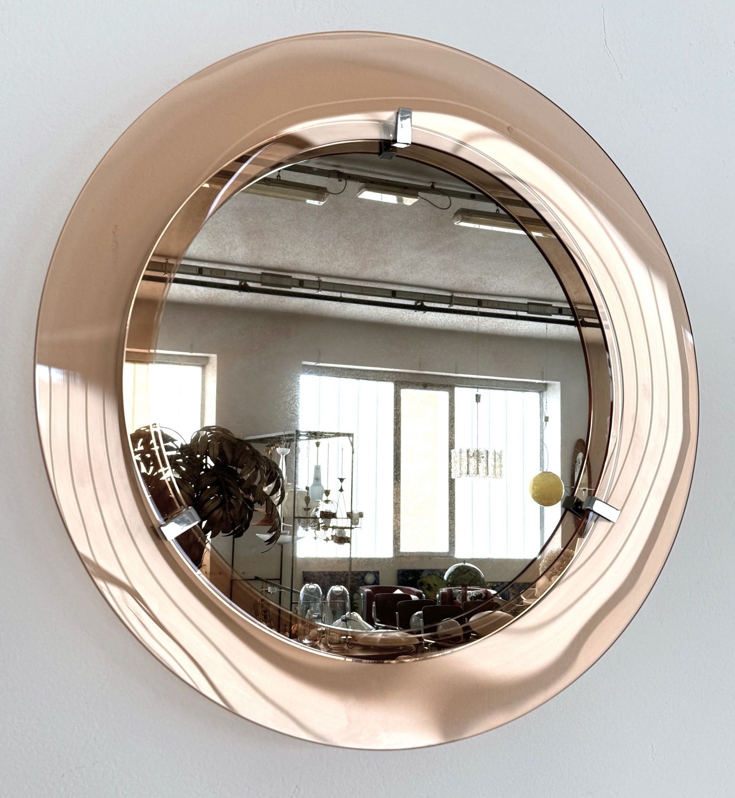 Italian Large Midcentury Round Glass Wall Mirror In Pink, 1970s photo Home Decor