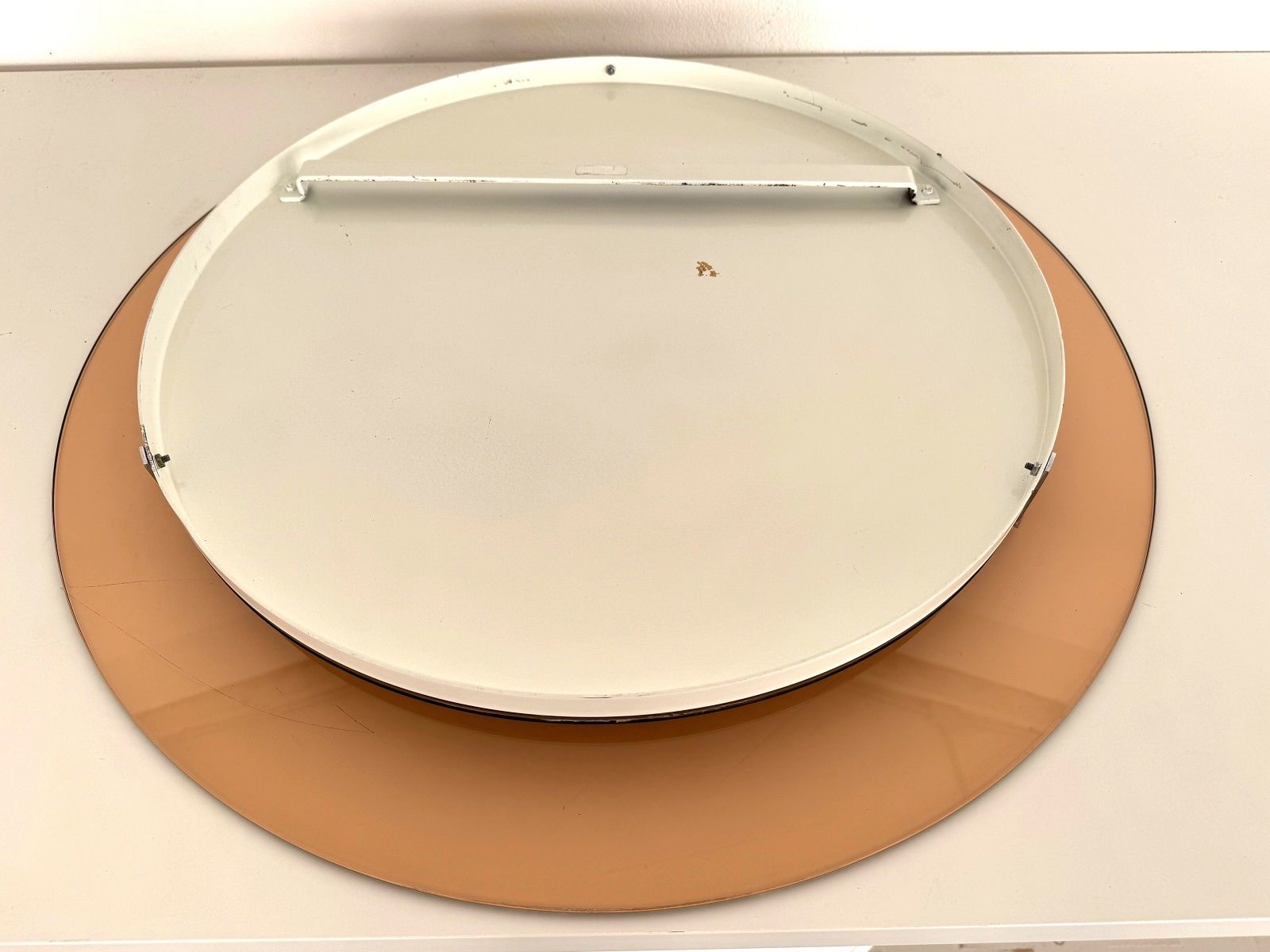 Italian Large Midcentury Round Glass Wall Mirror In Pink, 1970s photo vinterior