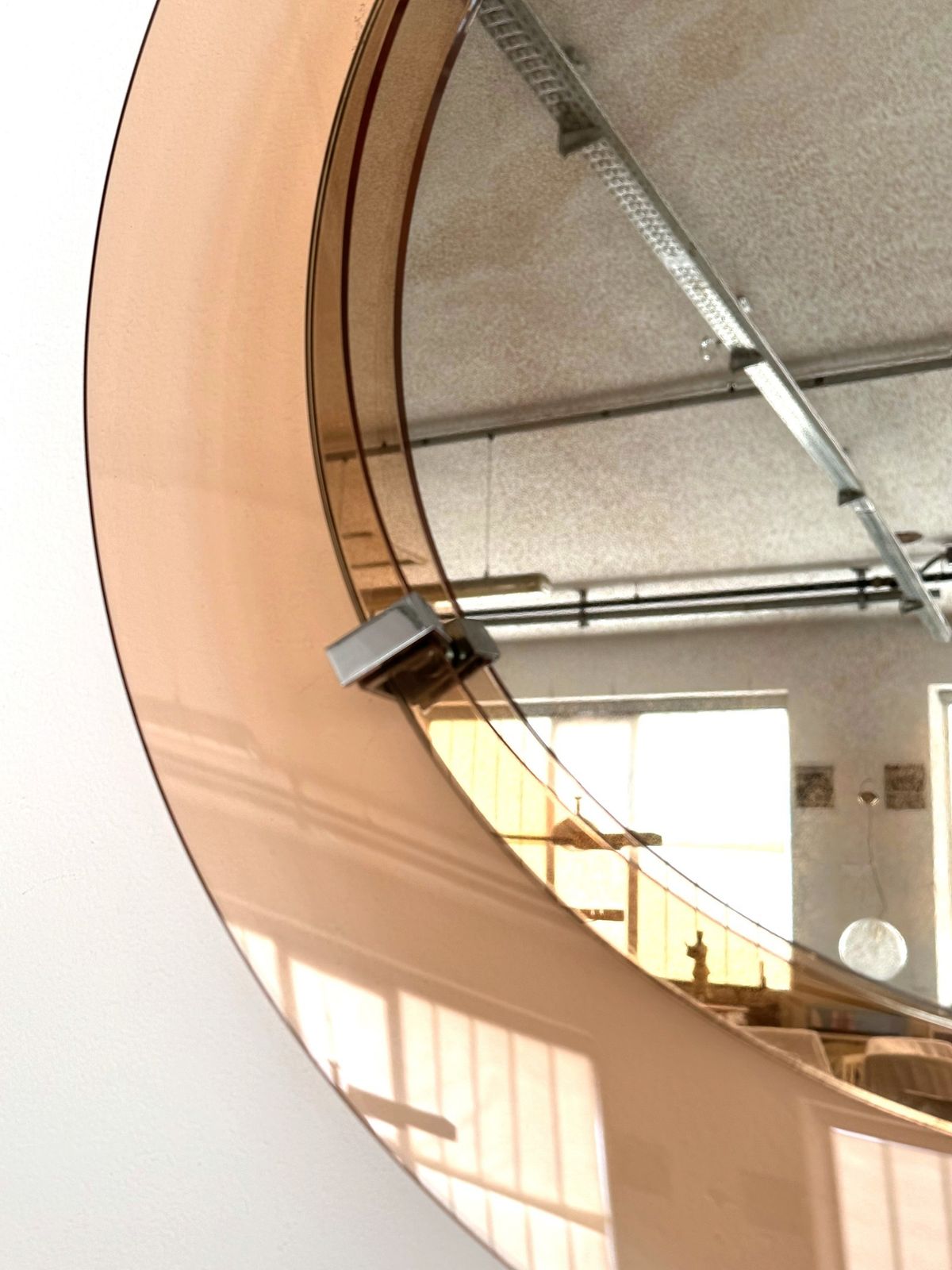 photo for sale Italian Large Midcentury Round Glass Wall Mirror In Pink, 1970s