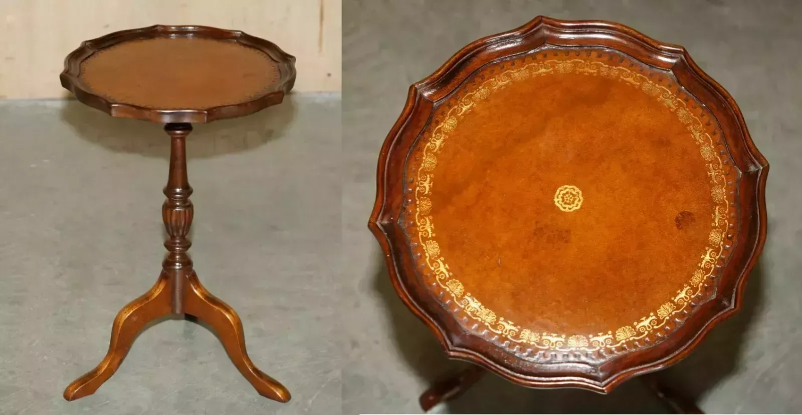Restored Pie Crust Edge Gold Leaf Brown Leather Tripod Side End Lamp Wine Table