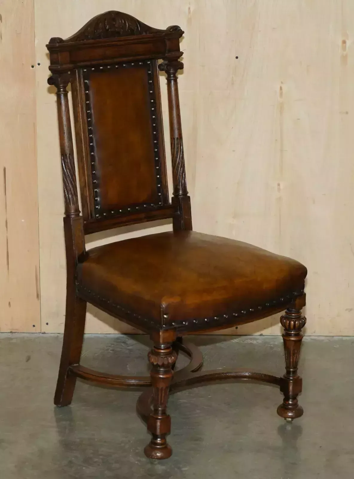 Two Antique Italian Grand Tour Corinthian Pillar Brown Leather Side Hall Chairs photo furniture