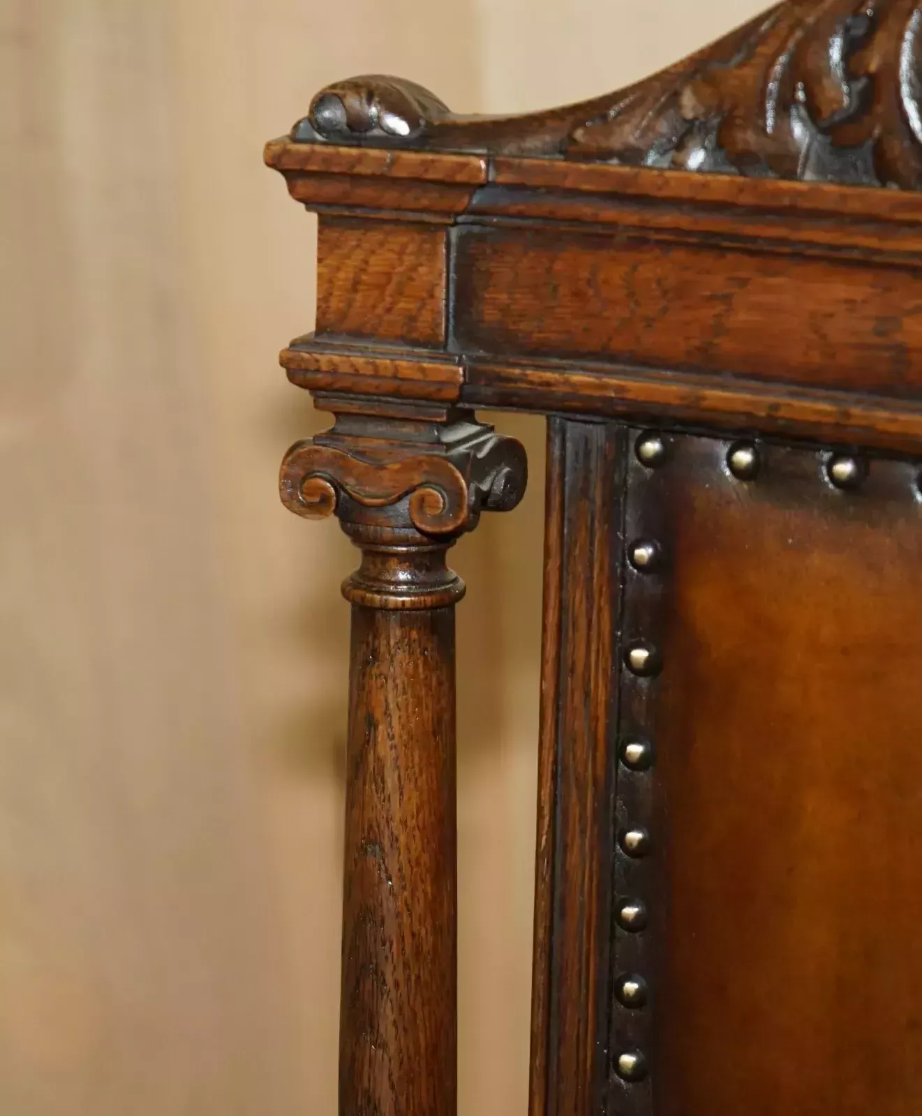 Two Antique Italian Grand Tour Corinthian Pillar Brown Leather Side Hall Chairs photo buy