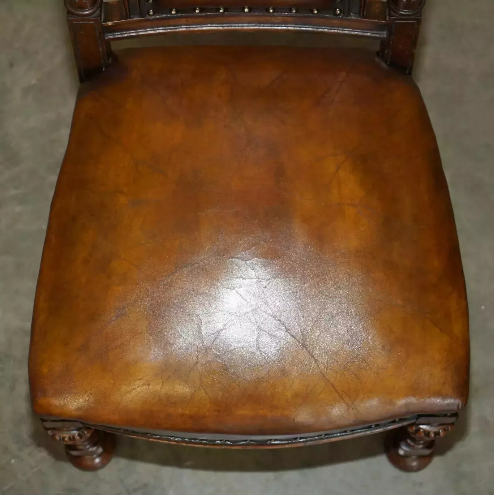 photo furniture Two Antique Italian Grand Tour Corinthian Pillar Brown Leather Side Hall Chairs