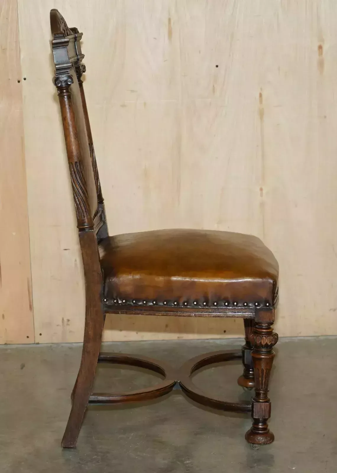 2350.0 Two Antique Italian Grand Tour Corinthian Pillar Brown Leather Side Hall Chairs photo