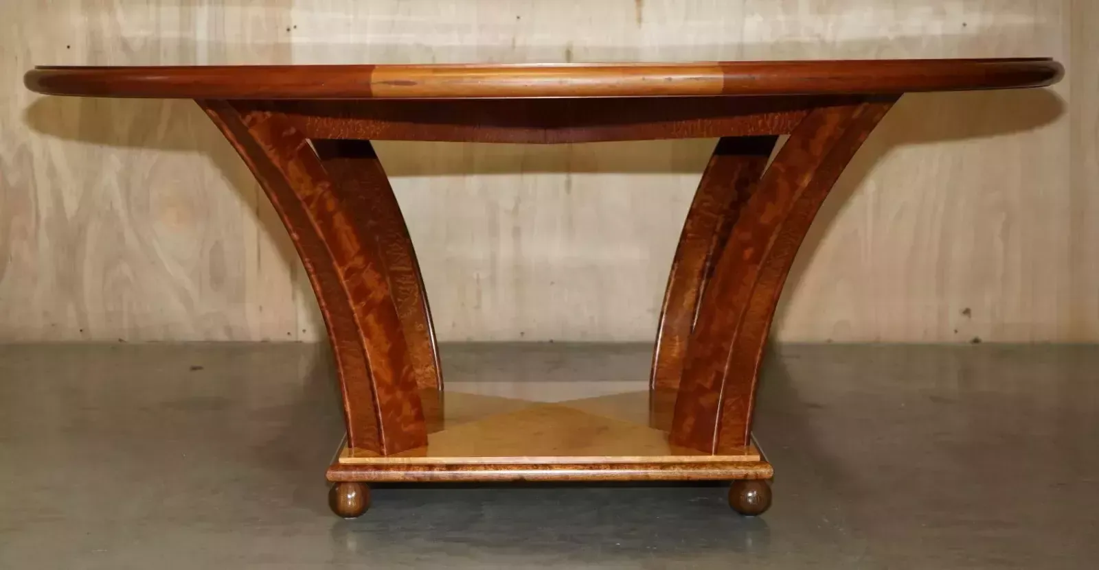 photo for sale Original Andrew Varah Burr Walnut & Amboyna Wood Round Dining Table & Chairs Set