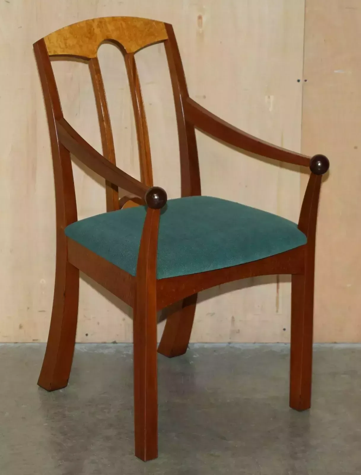 photo buy Original Andrew Varah Burr Walnut & Amboyna Wood Round Dining Table & Chairs Set