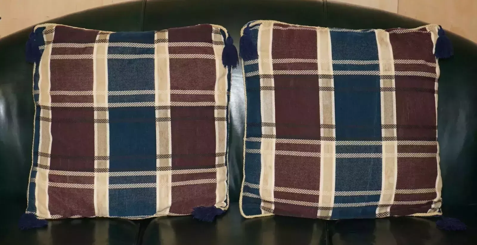 Pair Of Large 55cm Tartan Blue Velvet With Tassels Sofa Armchair Cushion Pillows