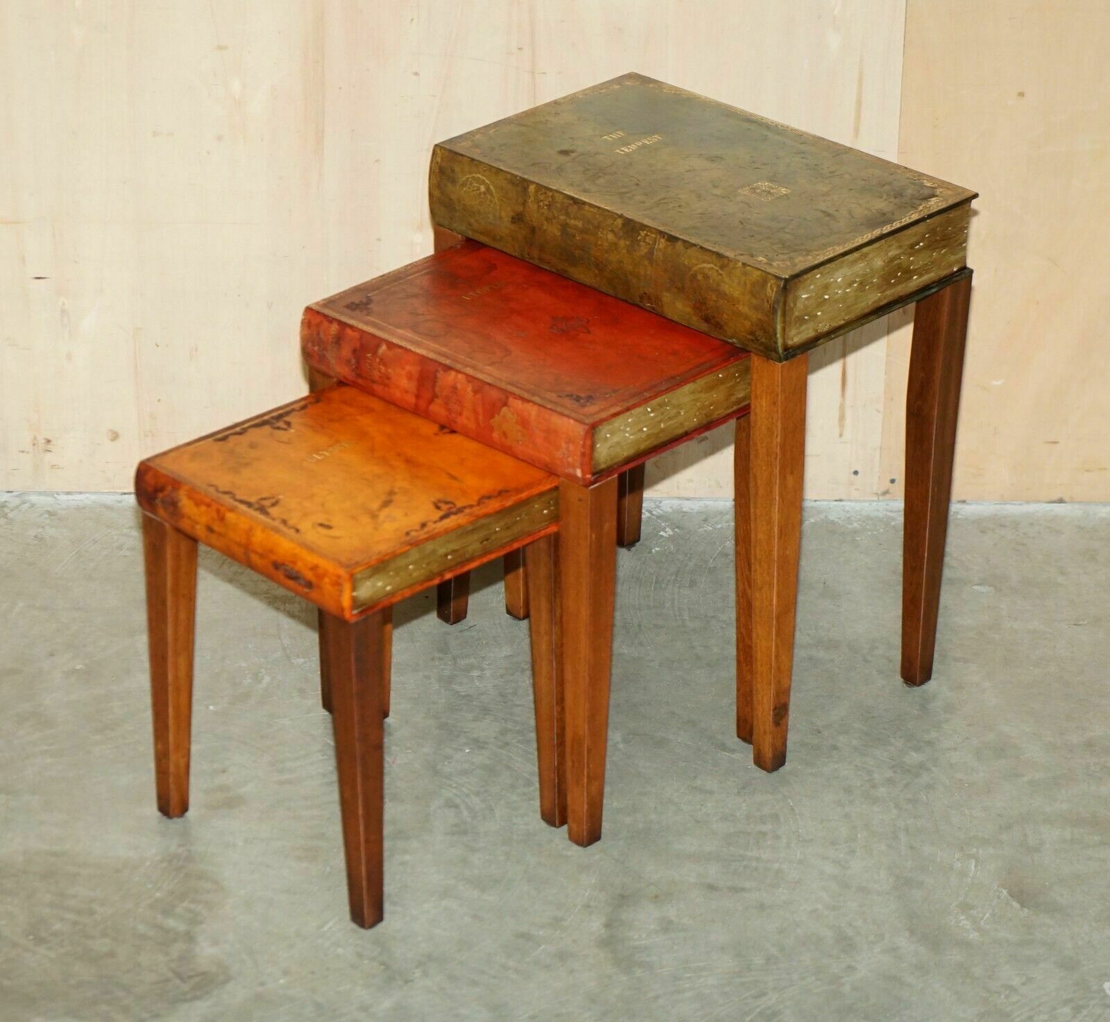 Nest Of Vintage Faux Book Tables In Original Antique Distressed Leather