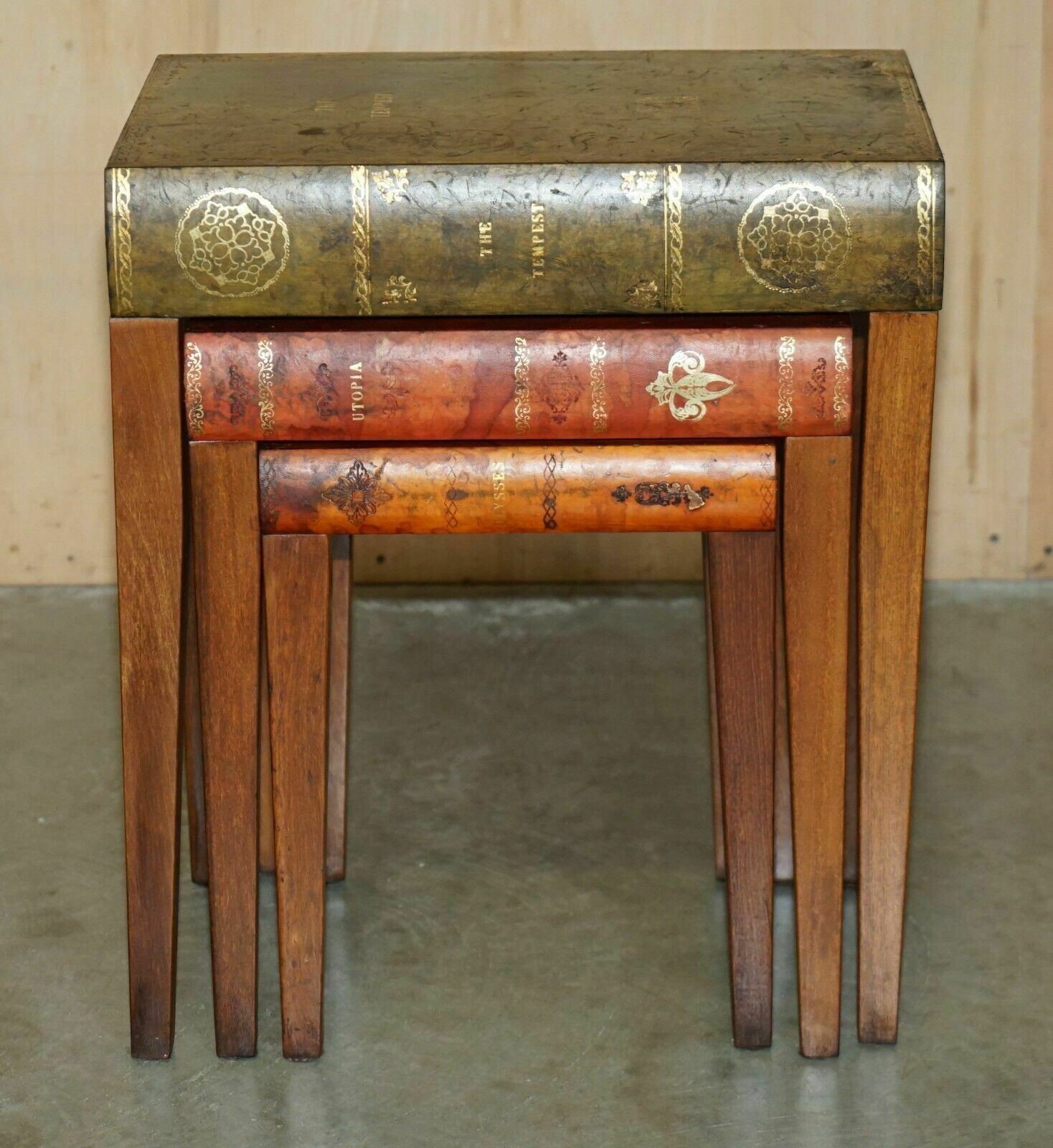 Nest Of Vintage Faux Book Tables In Original Antique Distressed Leather photo Furniture