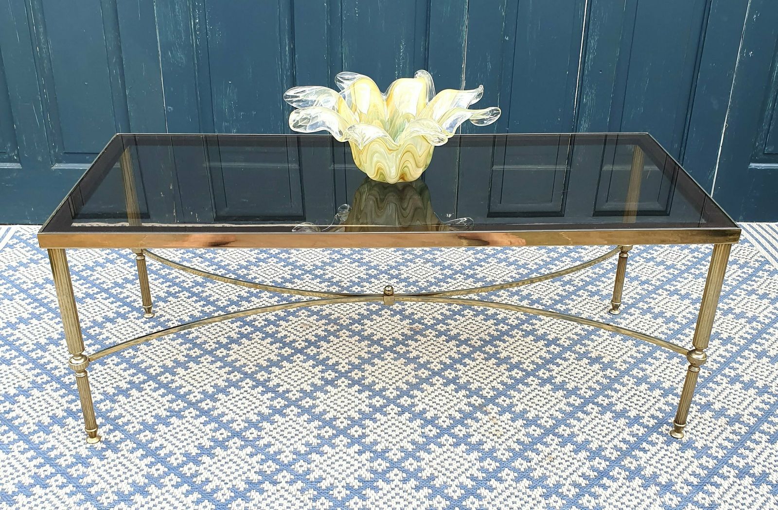 Vintage Mcm Brass And Smoked Glass Coffee Table