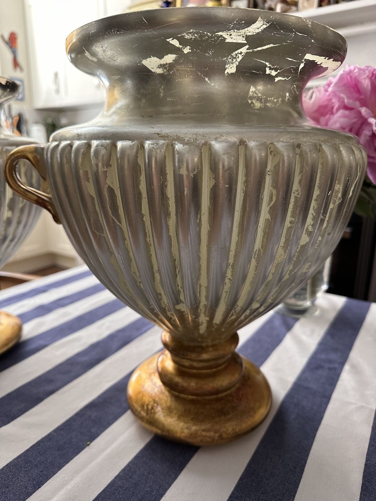 Large Hand Blown Glass Pair If Urns Silver And Gold Gilt By Rose Tattoo