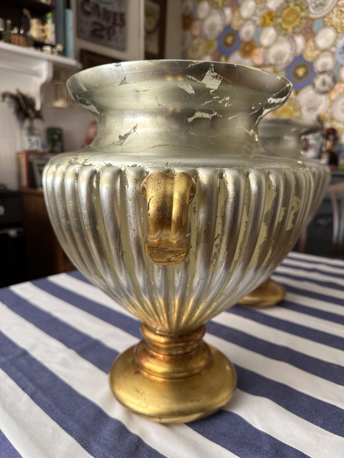 Large Hand Blown Glass Pair If Urns Silver And Gold Gilt By Rose Tattoo photo vintage