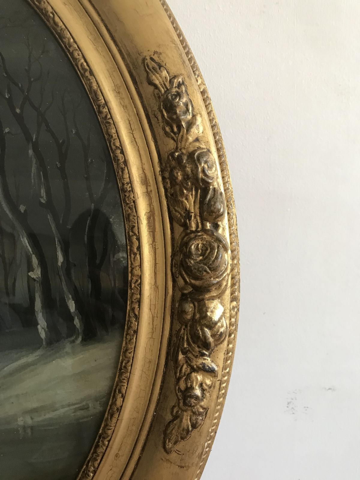 Reverse Painted Oval Convex Glass Wall Plaque Ladies Ice Skating Gilt Frame photo for sale
