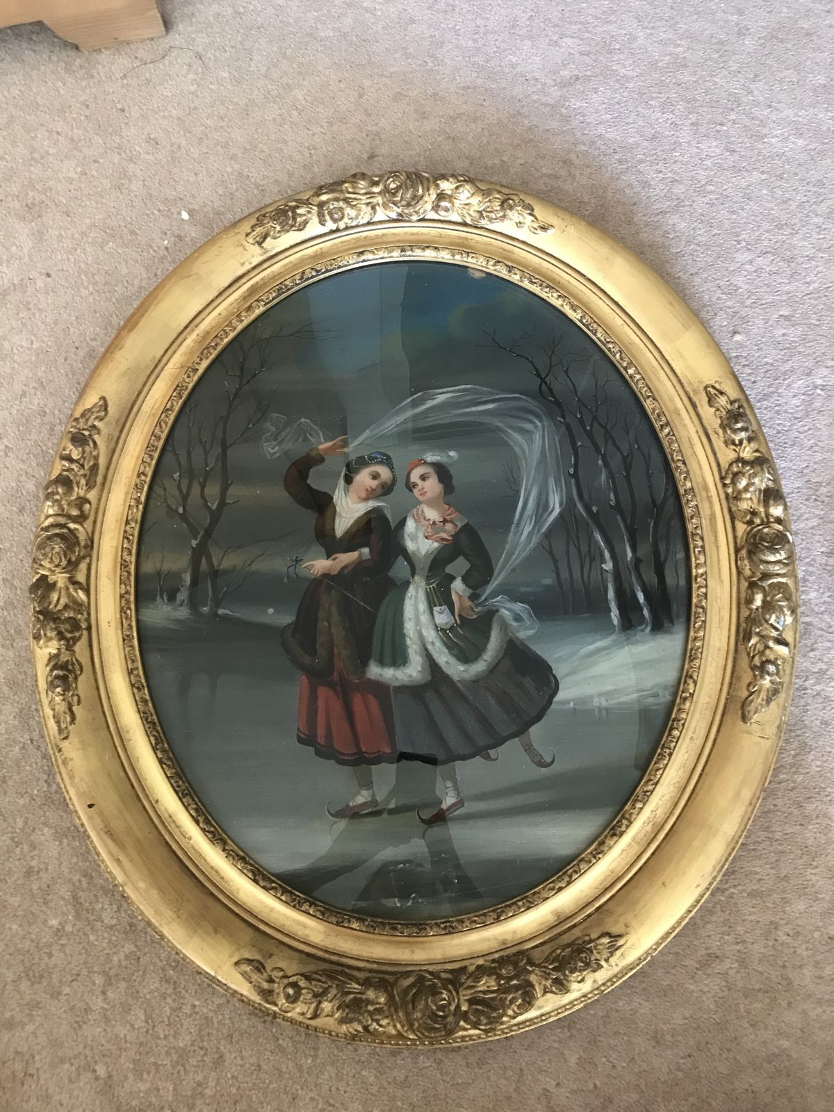 Reverse Painted Oval Convex Glass Wall Plaque Ladies Ice Skating Gilt Frame