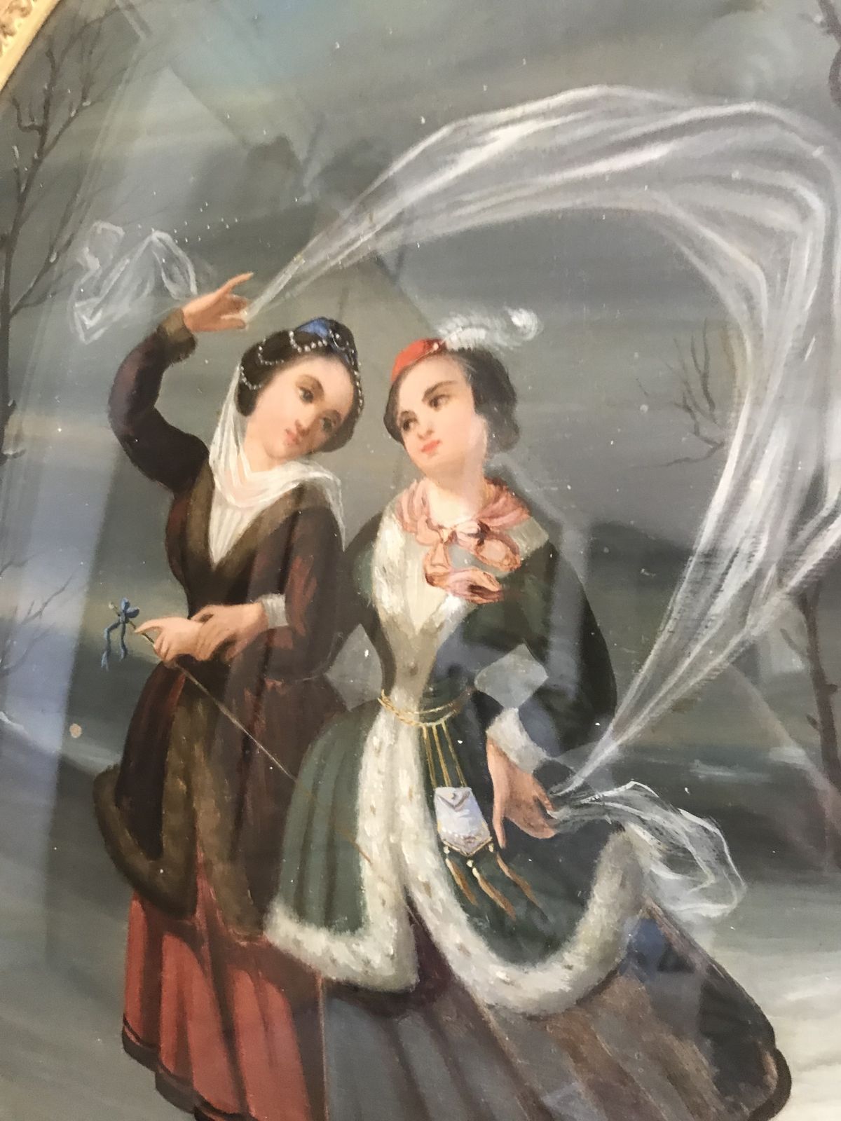 Reverse Painted Oval Convex Glass Wall Plaque Ladies Ice Skating Gilt Frame photo Art