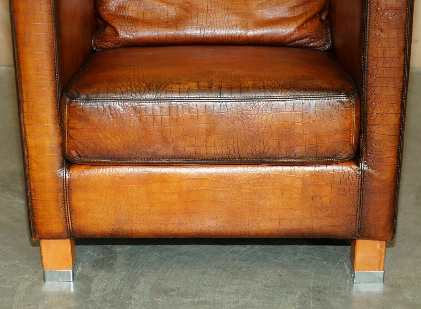 photo furniture Restored Pair Of Moroso Crocodile Alligator Patina Brown Leather Club Armchairs