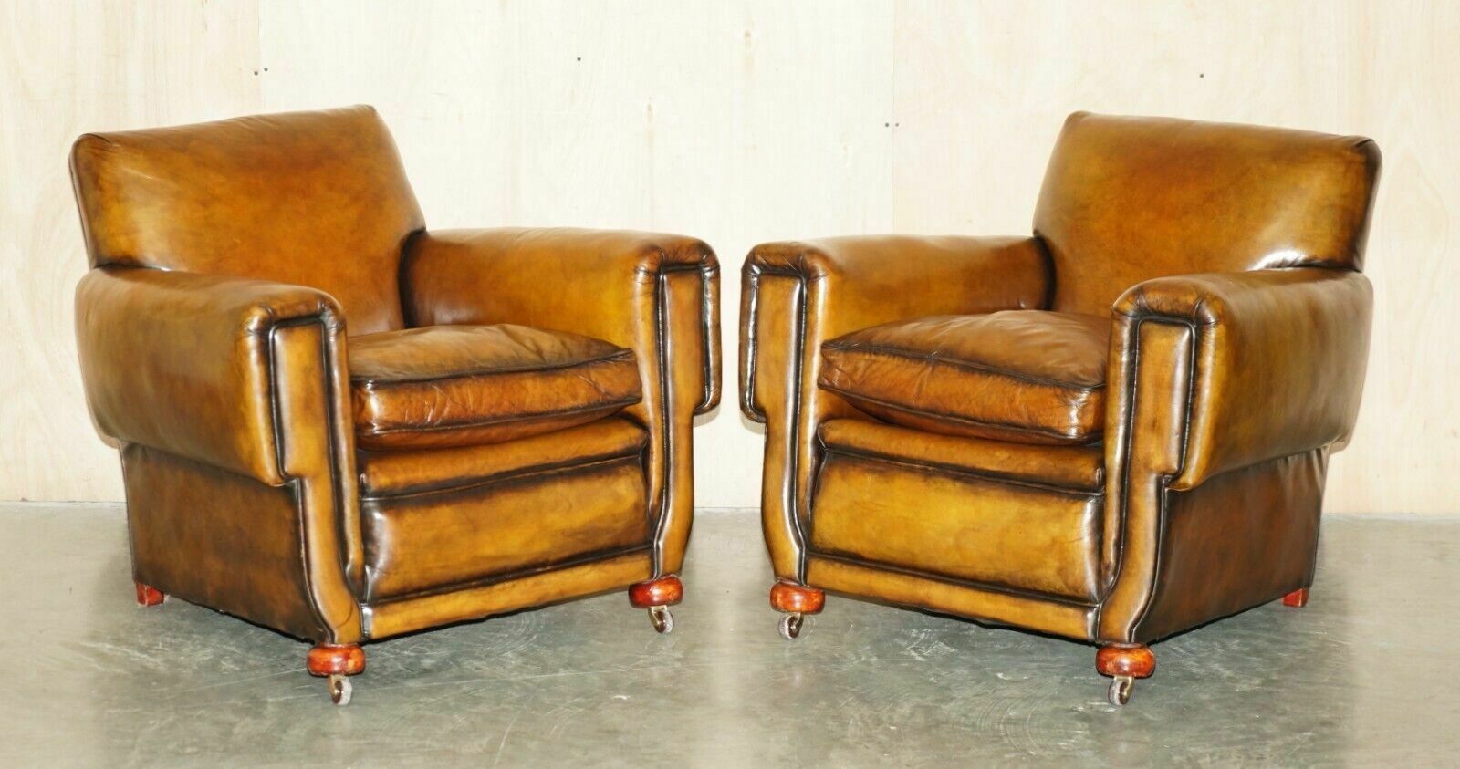 Antique Pair Of Art Deco 1920 Fully Restored Cigar Brown Leather Club Armchairs