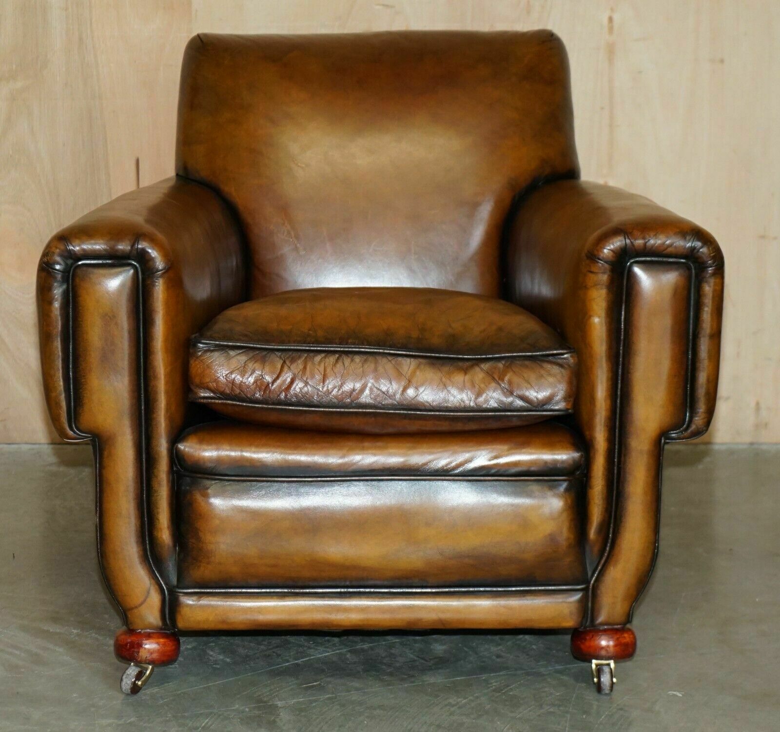 Antique Pair Of Art Deco 1920 Fully Restored Cigar Brown Leather Club Armchairs photo for sale