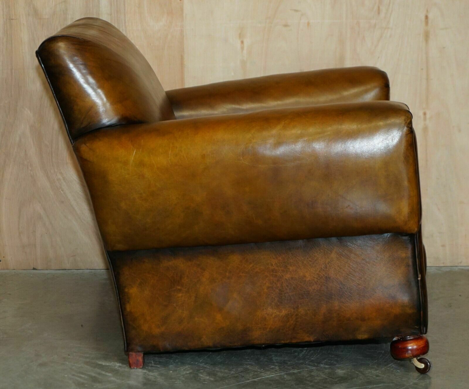photo for sale Antique Pair Of Art Deco 1920 Fully Restored Cigar Brown Leather Club Armchairs