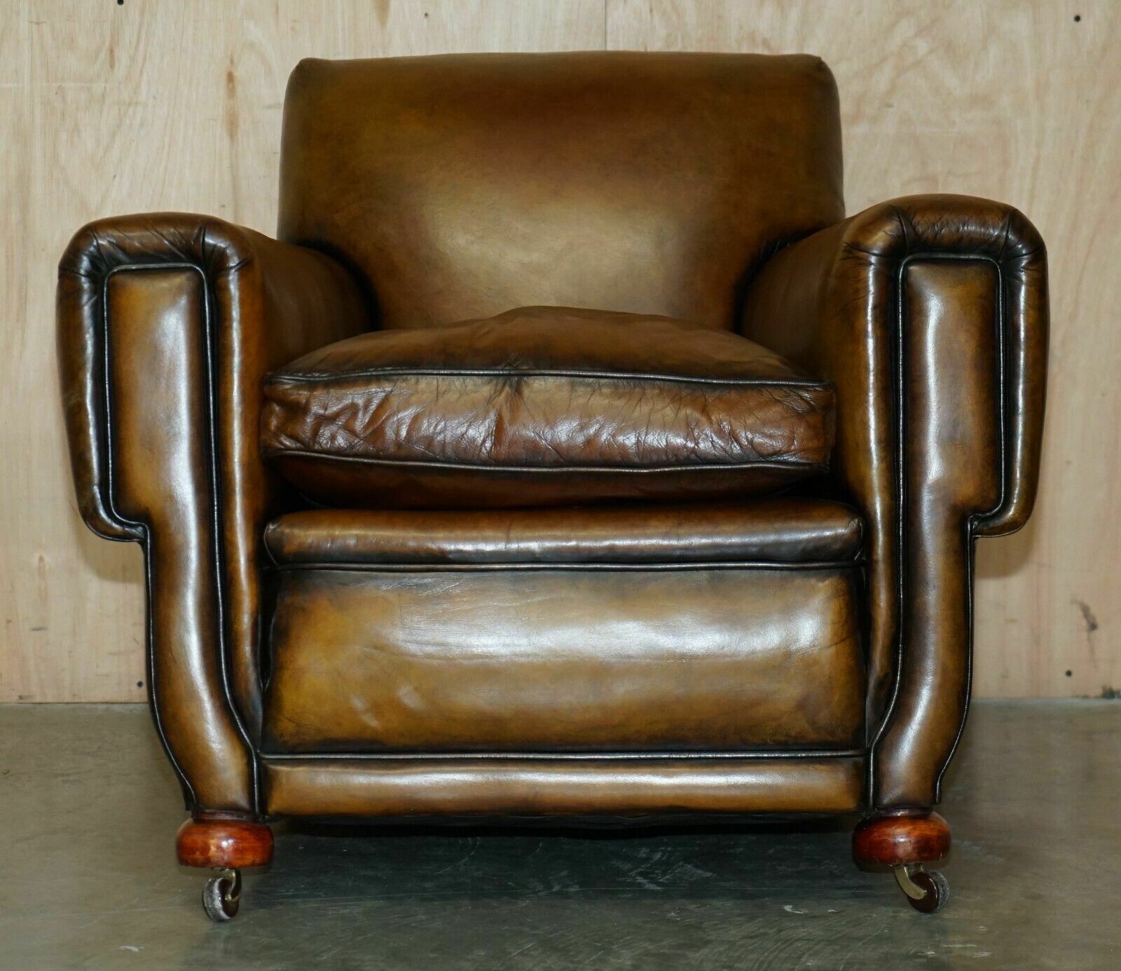 photo buy Antique Pair Of Art Deco 1920 Fully Restored Cigar Brown Leather Club Armchairs