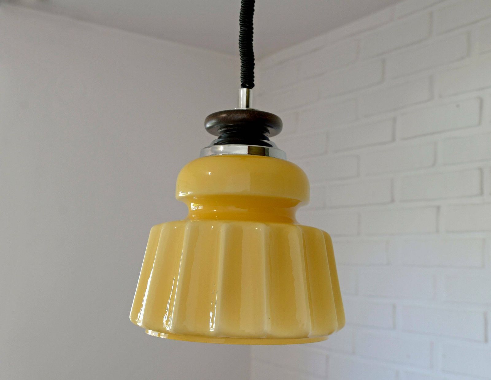 Beige Glass Pendant Light / Mid Century Modern / Retro Hanging Lamp / Glass Light Fixture / Yugoslavia 1970's / Vintage Chandelier photo vintage