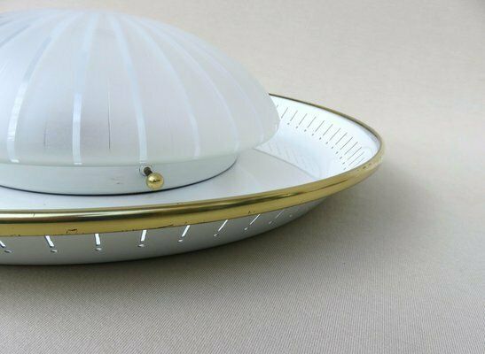 photo for sale Mid Century Ceiling Or Wall Light In Satin Glass, Metal & Brass From Hillebrand, 1950s
