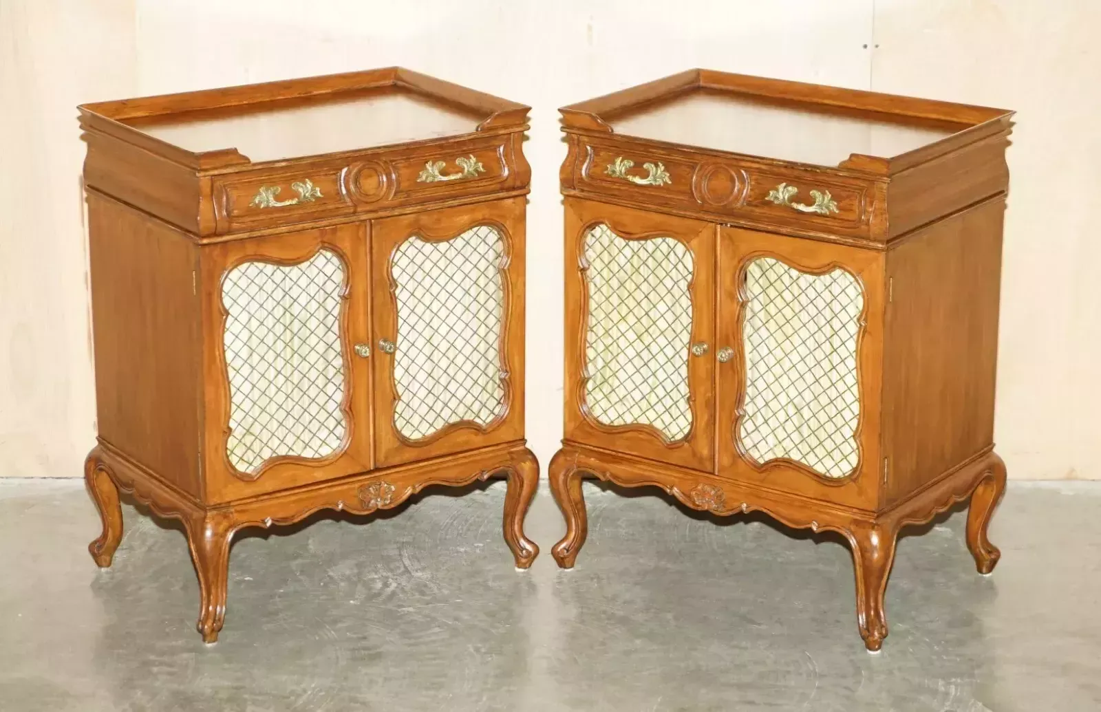 Pair Of Vintage French Walnut Pierced Brass & Silk Side Cabinets With Drawers