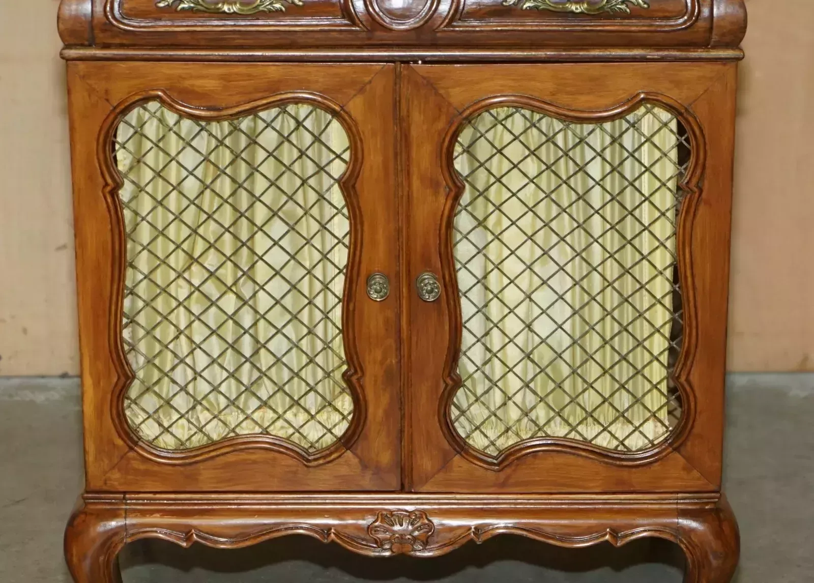 Pair Of Vintage French Walnut Pierced Brass & Silk Side Cabinets With Drawers photo buy