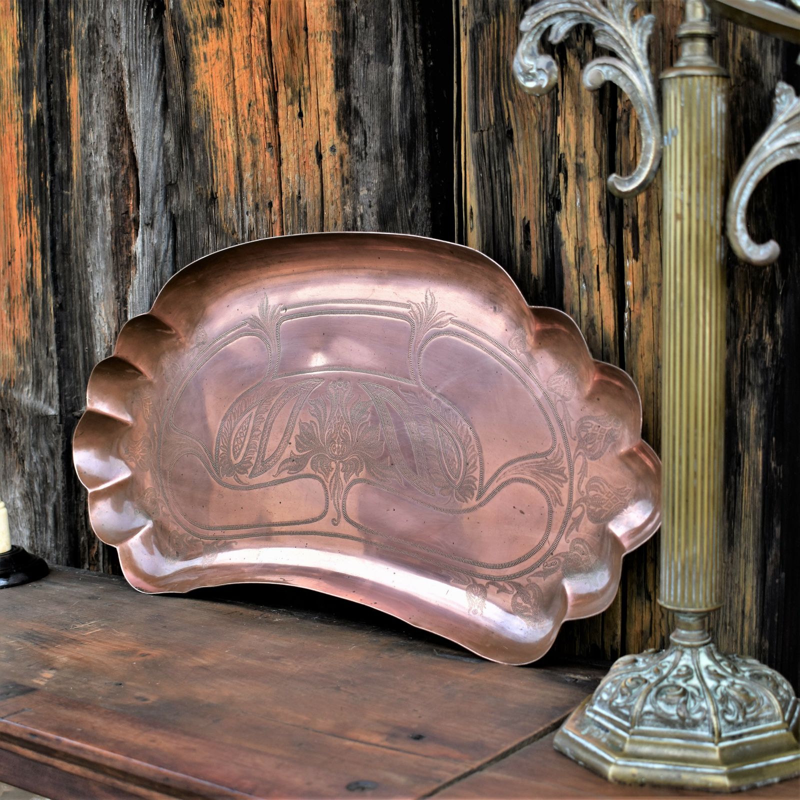 Antique Art And Crafts Joseph Sankey Engraved Copper Tray Newlyn Style Charger photo for sale