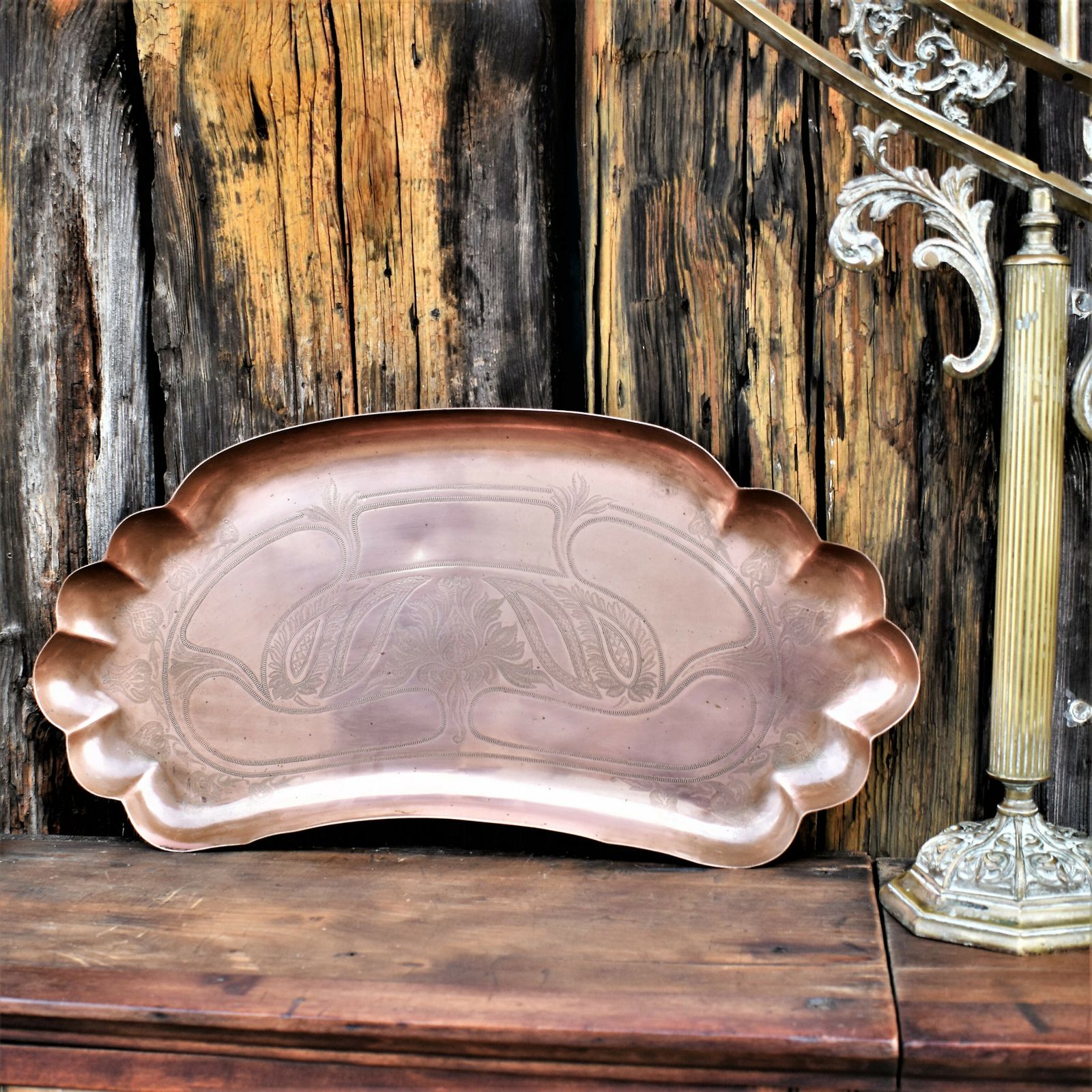 photo furniture Antique Art And Crafts Joseph Sankey Engraved Copper Tray Newlyn Style Charger