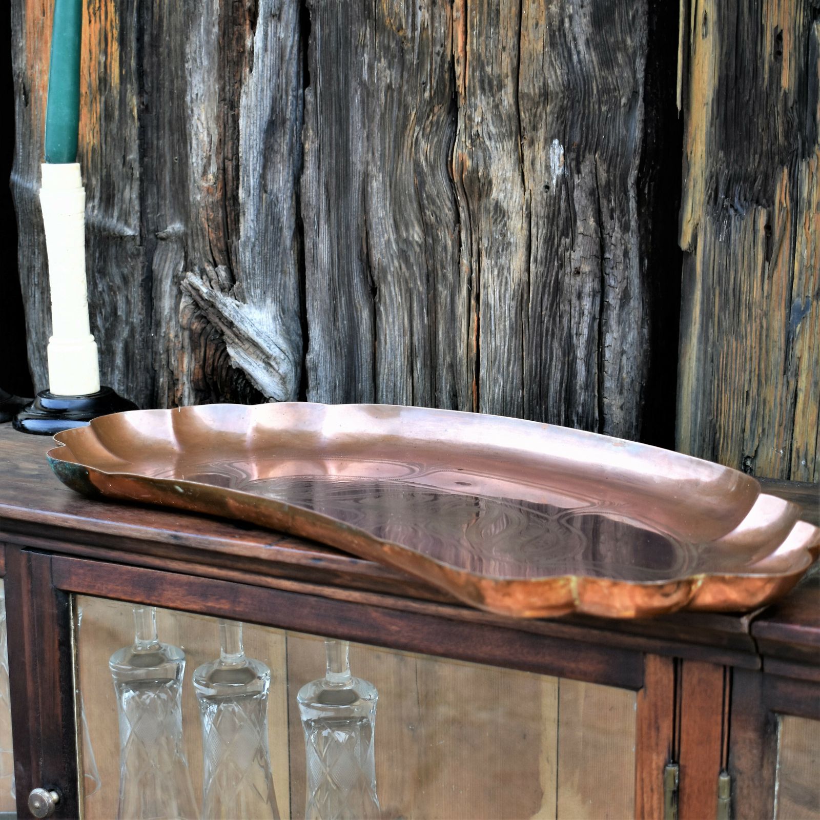 photo for sale Antique Art And Crafts Joseph Sankey Engraved Copper Tray Newlyn Style Charger