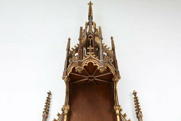 French Neo Gothic Polychrome And Gilt Wooden Church Steeple With Niche For Saint Statue, 1800s photo vinterior