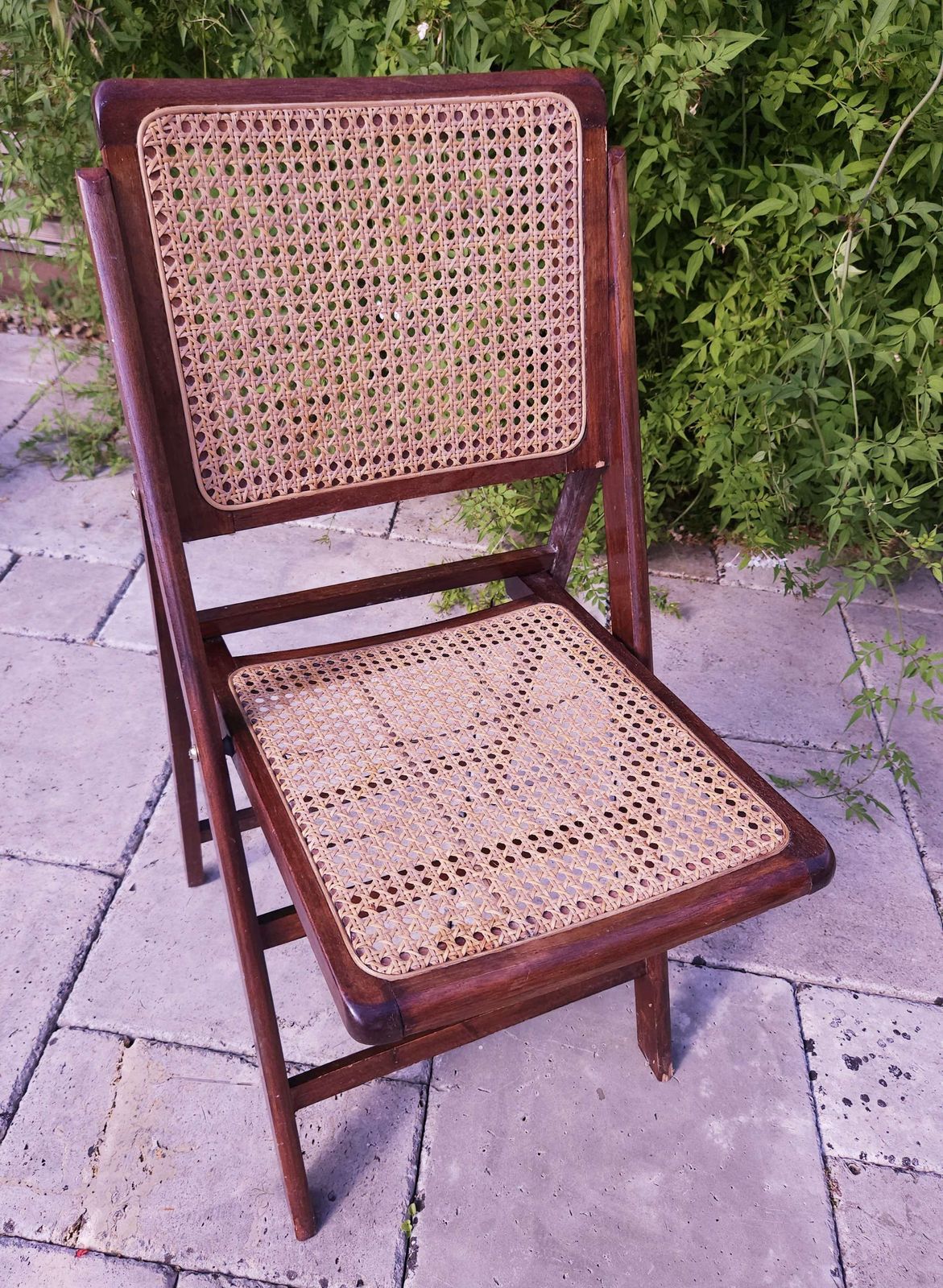 Single Mid Century Folding Chair In Wood, Rattan & Brass photo Furniture
