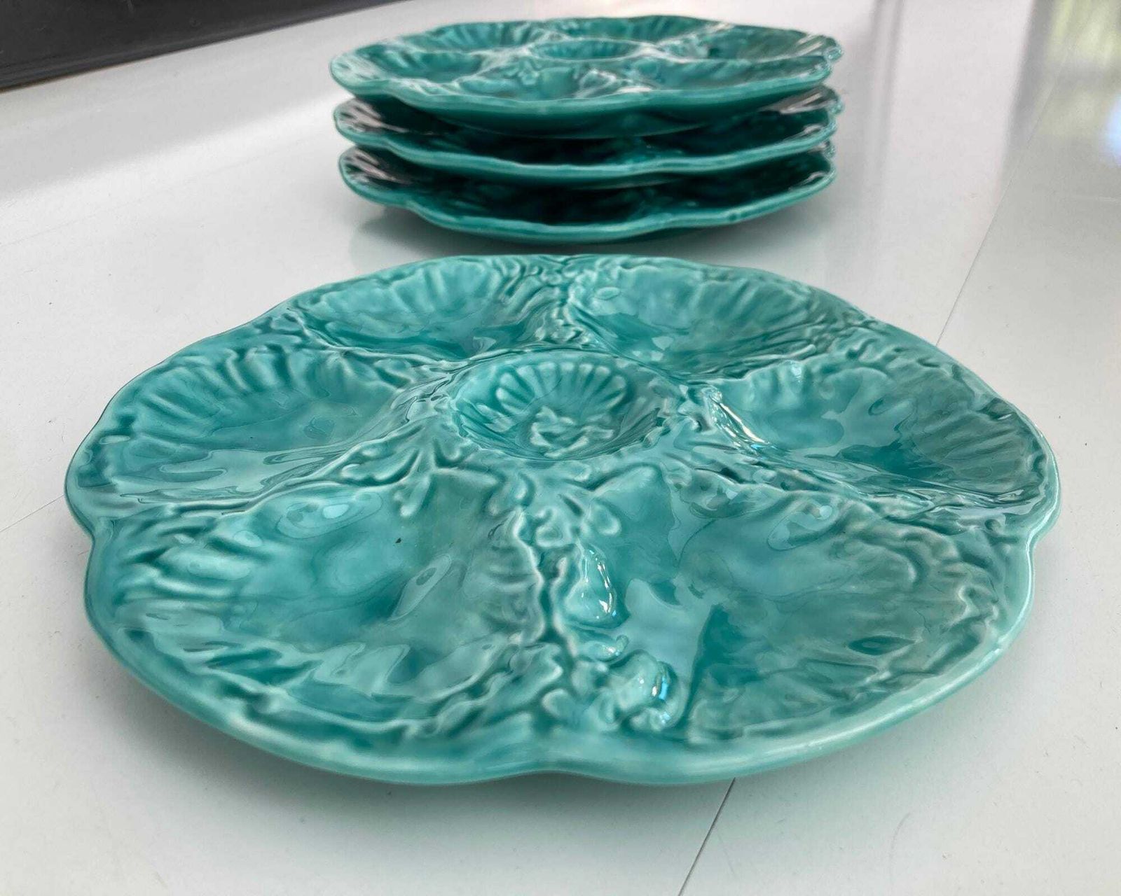 Oyster Plate | 1 Pcs | Turquoise Blue Majolica Plate | By Gien France | Amazing Color! photo vintage