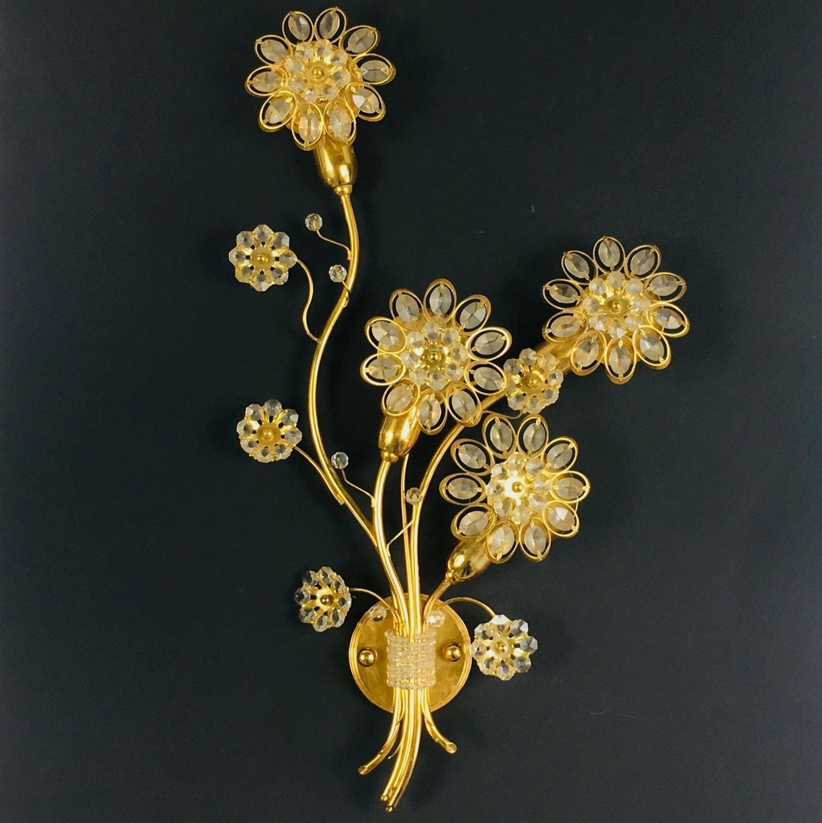 Pair Of Extra Large Mid Century Gilt Brass & Crystal Flower Shape Wall Lights From Palwa, Germany, 1960s/1970s photo furniture