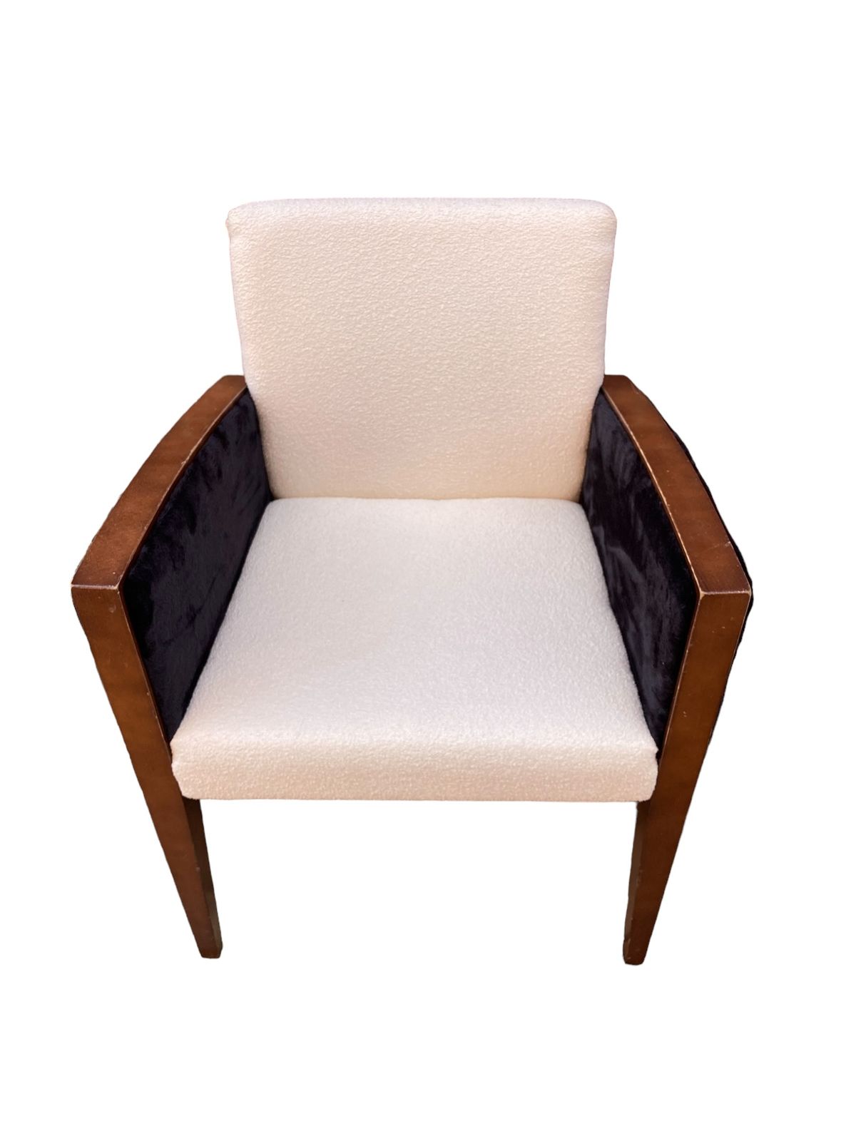 A Pair Of Art Deco Style Armchairs, Reupholsterd In White Boucle Fabric, Black Velvet Sides photo 395.0