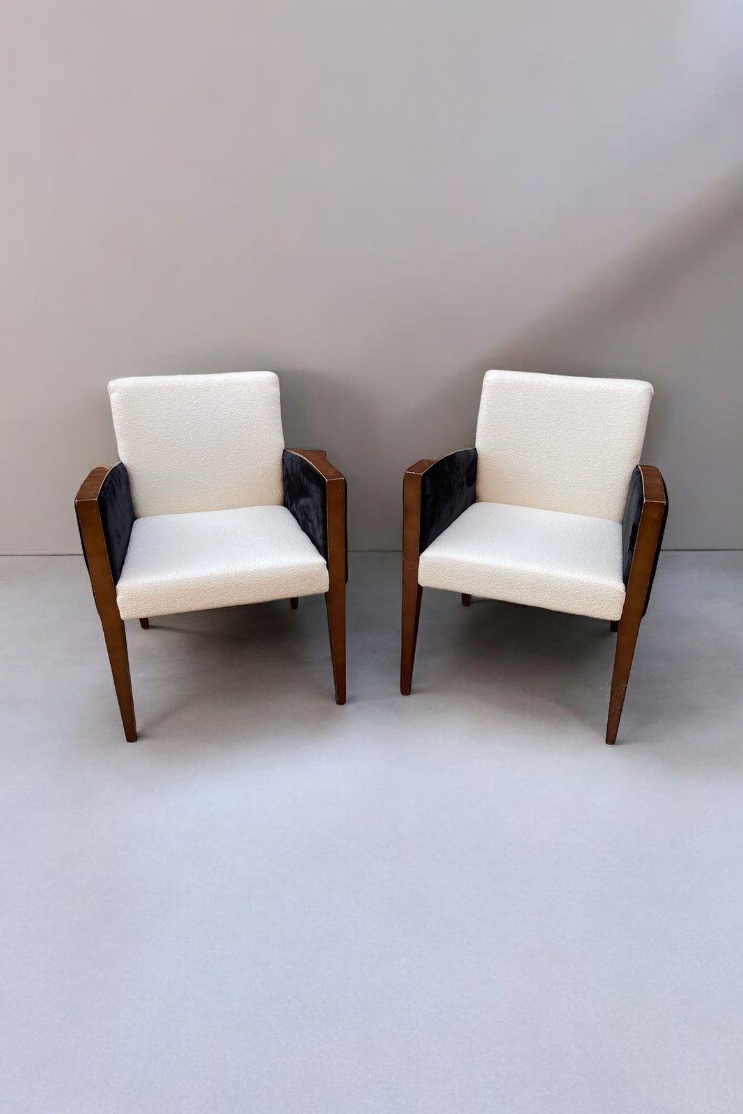 photo for sale A Pair Of Art Deco Style Armchairs, Reupholsterd In White Boucle Fabric, Black Velvet Sides