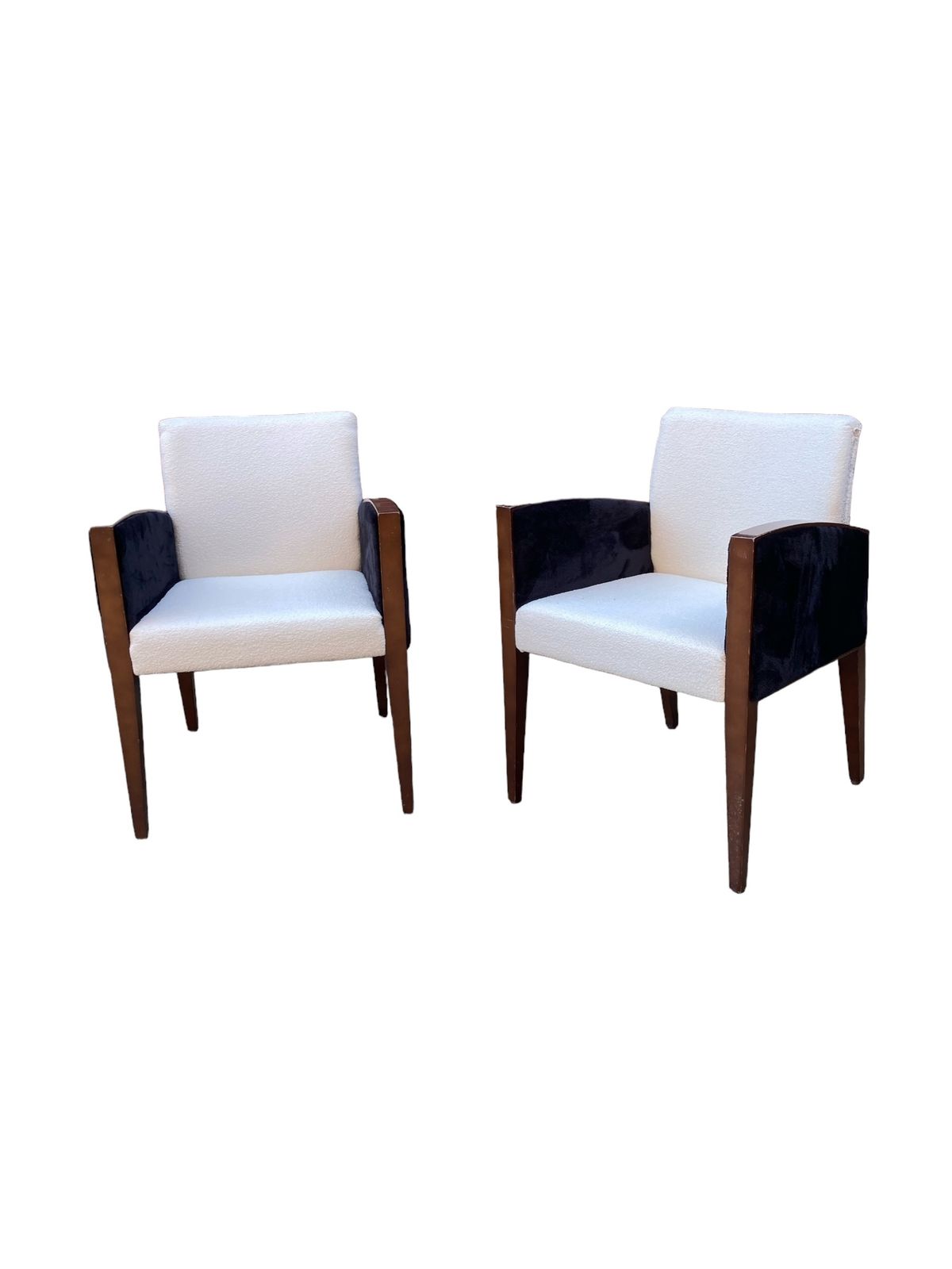 Furniture A Pair Of Art Deco Style Armchairs, Reupholsterd In White Boucle Fabric, Black Velvet Sides photo