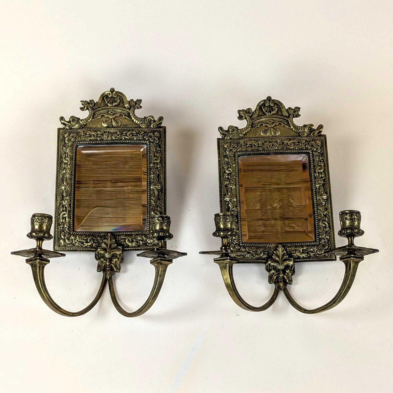 Antique French Bronze Beveled Mirror Wall Hanging Sconce Candle Candlestick Light Fixtures, Original Home Lighting