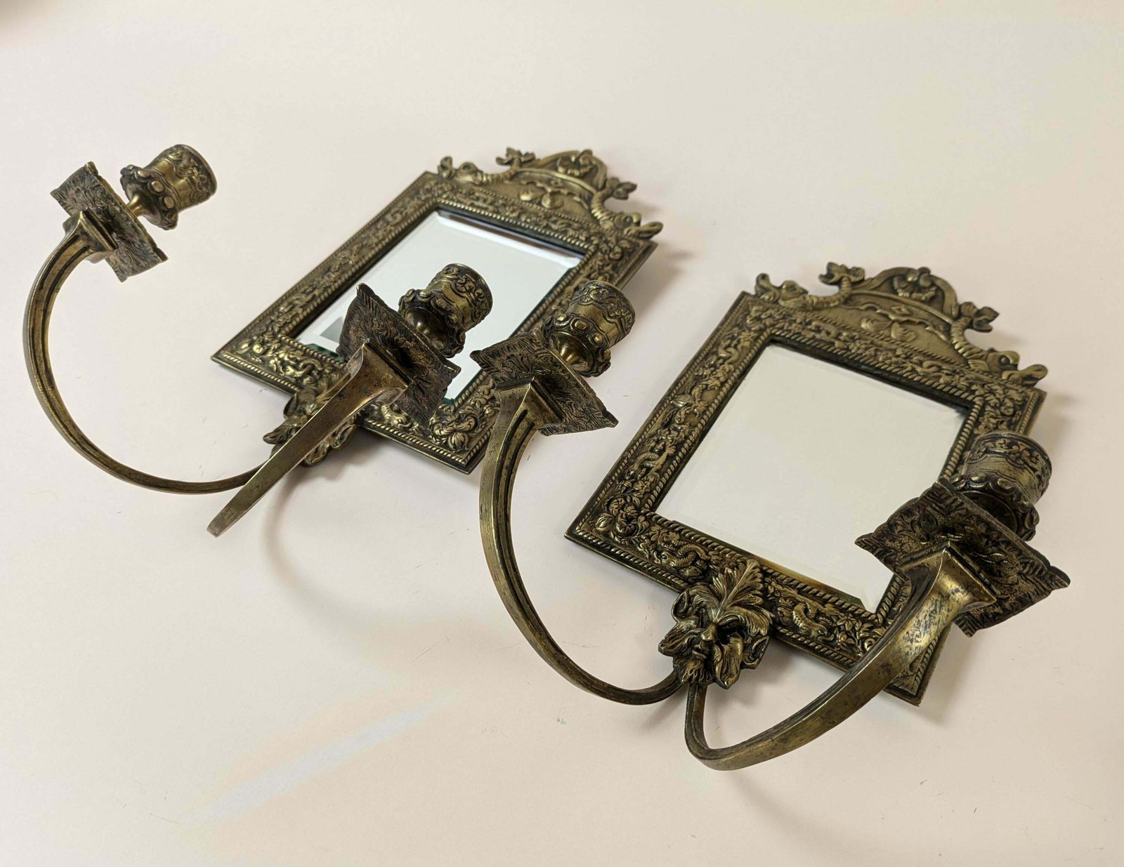 Antique French Bronze Beveled Mirror Wall Hanging Sconce Candle Candlestick Light Fixtures, Original Home Lighting photo vintage