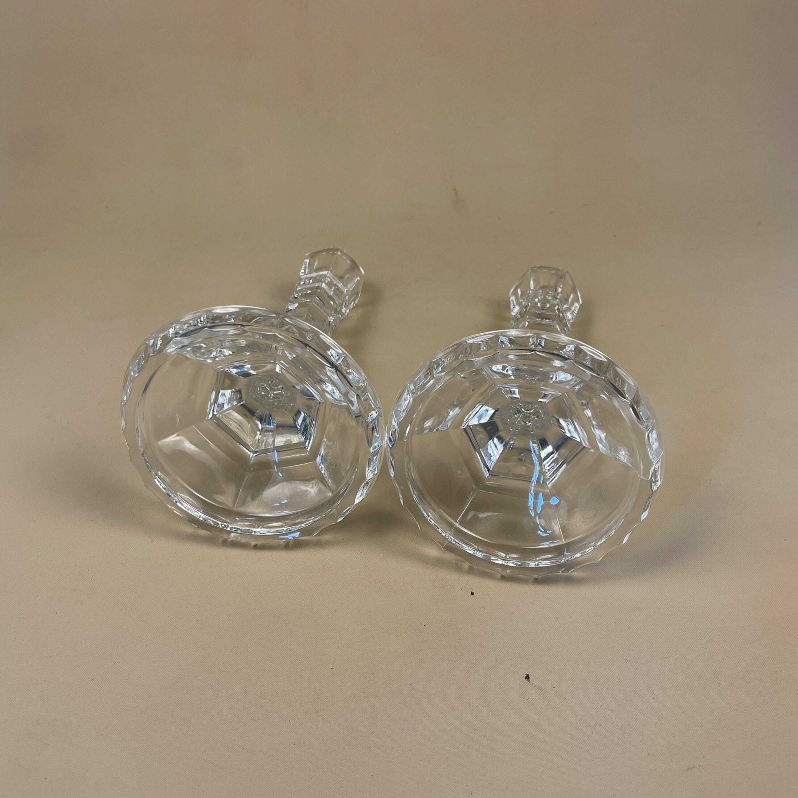 Vintage Pair Of Matching Clear Glass Candlestick Candle Stick Holder Lights Vintage Taper Dinner Candlesticks Chandelier Round Base Retro photo buy