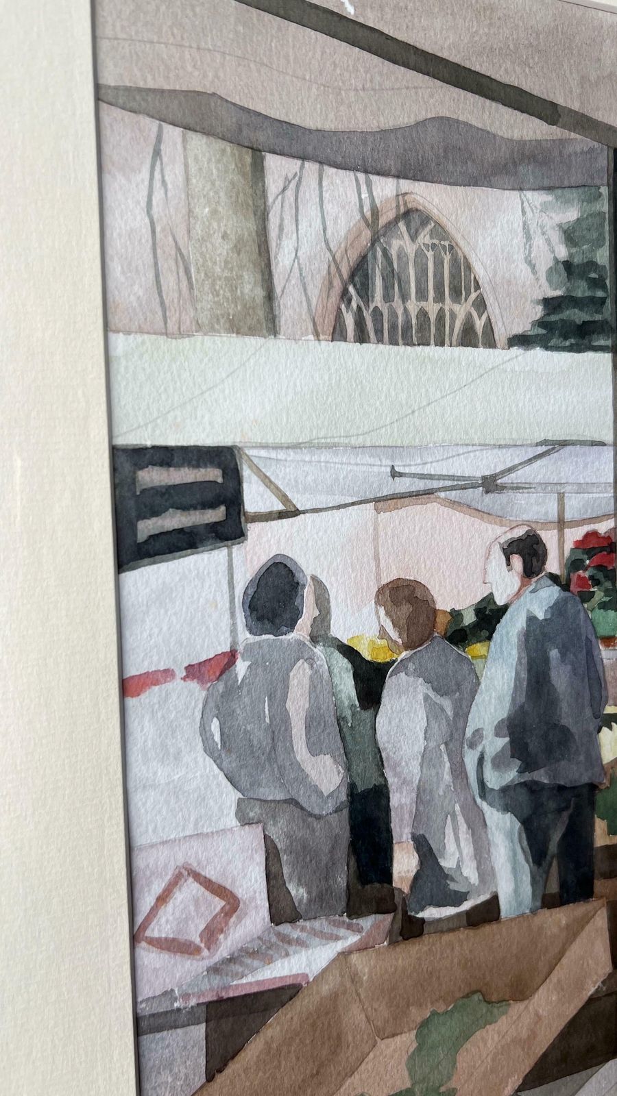 Original Vintage Framed Watercolour Painting Depicting People In A Market photo Art
